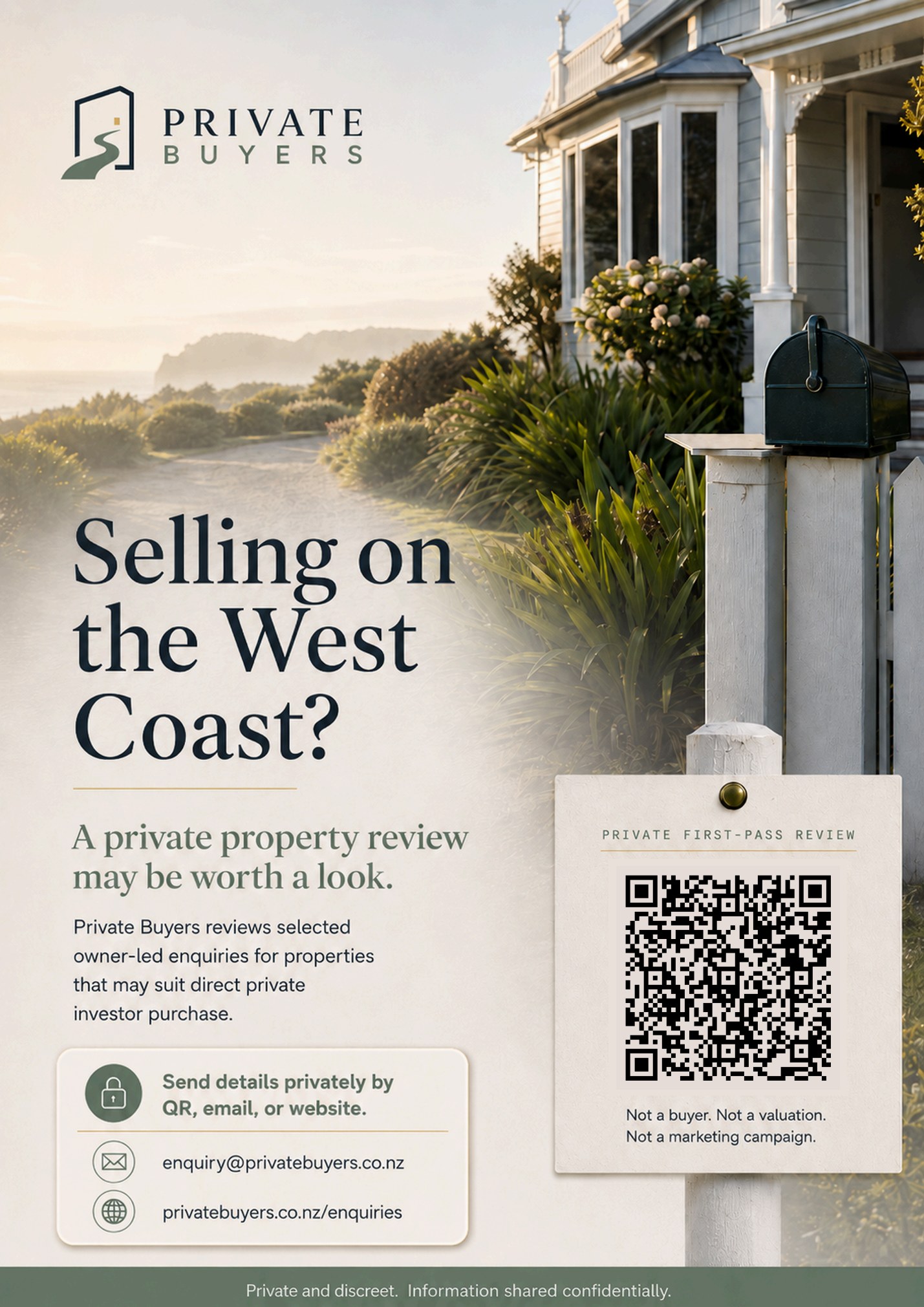 Private Buyers West Coast private property review flyer with working QR code